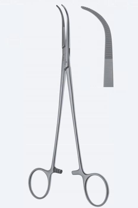 Зажими дисекційні та лігатурні, De Bakey-Mixter, вигнуті, зубчасті щелепи, з кремальєрою, довжина 250 мм. Бренд - Asanus Medizintechnik Gmb, Німеччина